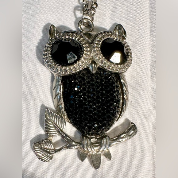 Vintage Owl Silver and Black Rhinestone Necklace - Picture 2 of 7